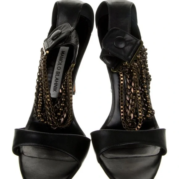Manolo Blahnik Black and Gold Chain Stiletto Heels - Picture 3 of 5
